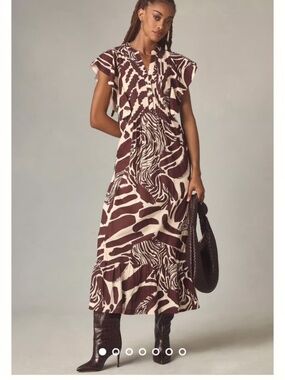 Anthropologie Maeve Brown/Pink Cassandra Short Sleeve Ruffle Maxi Dress